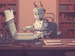 A friendly AI robot writing a children’s book on a computer, with vibrant illustrations and storybook pages floating around.