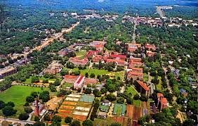 Aerial view of Florida State University campus showing historic buildings and lush greenery